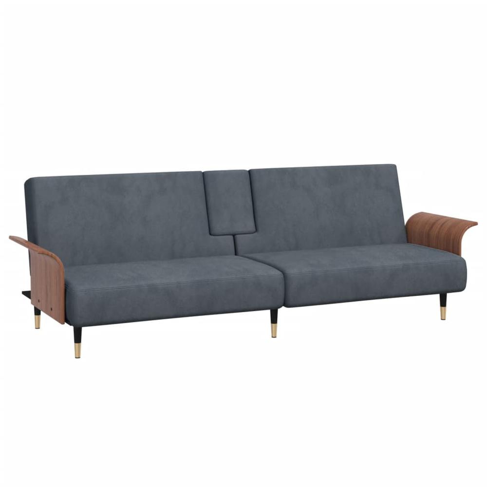 Sofa Bed with Cup Holders Dark Gray Velvet. Picture 1