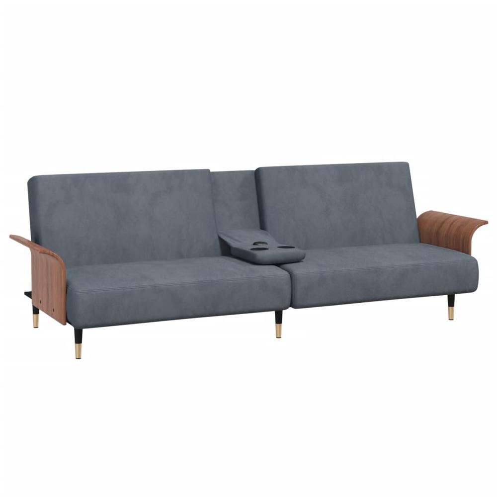 Sofa Bed with Cup Holders Dark Gray Velvet. Picture 4