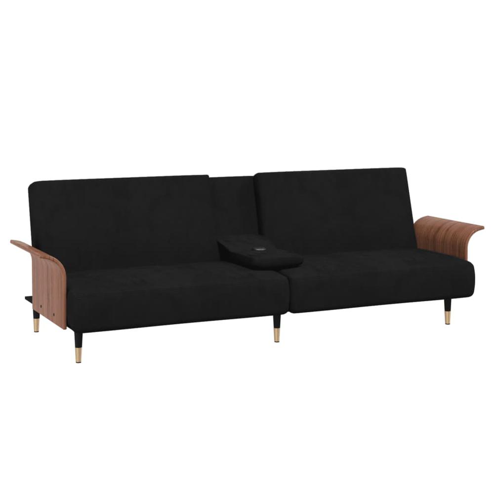Sofa Bed with Cup Holders Black Velvet. Picture 4