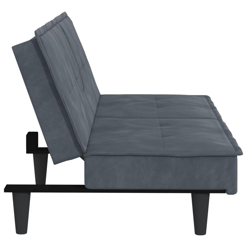 Sofa Bed with Cup Holders Dark Gray Velvet. Picture 5