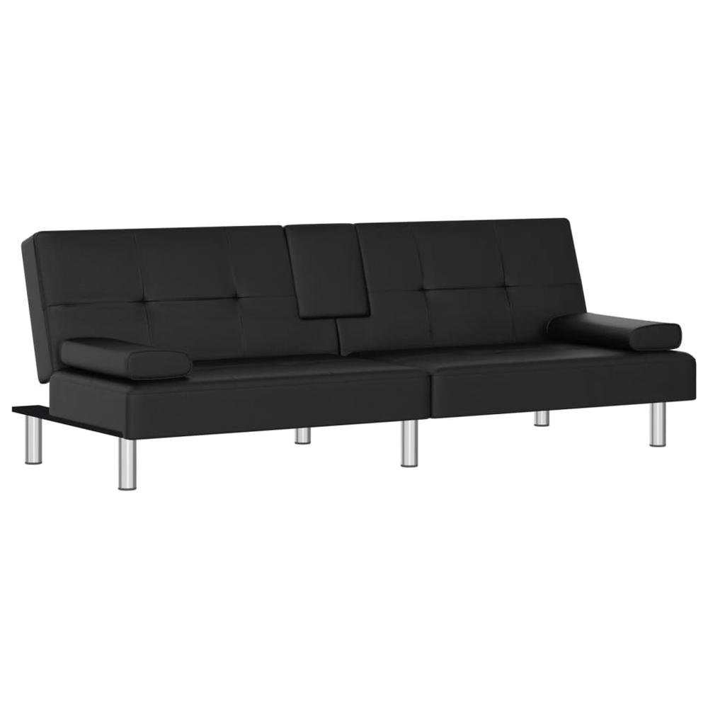 Sofa Bed with Cup Holders Black Faux Leather. Picture 1