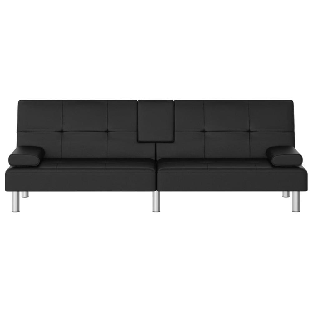 Sofa Bed with Cup Holders Black Faux Leather. Picture 4