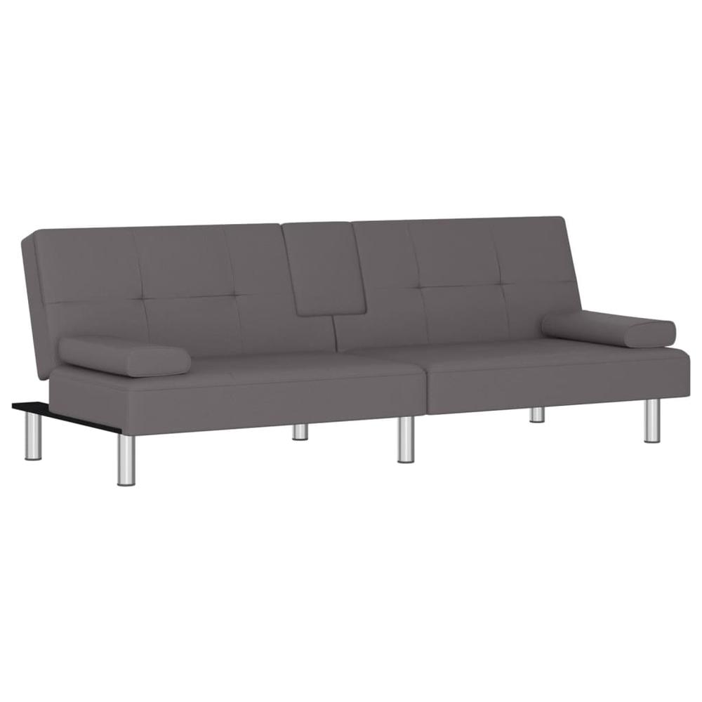 Sofa Bed with Cup Holders Gray Faux Leather. Picture 1