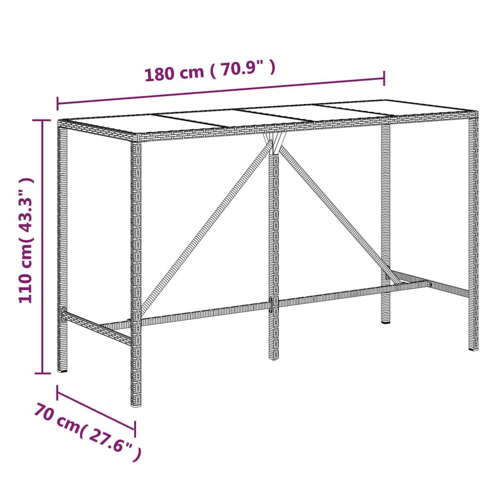 Bar Table with Glass Top Black 70.9"x27.6"x43.3" Poly Rattan. Picture 6