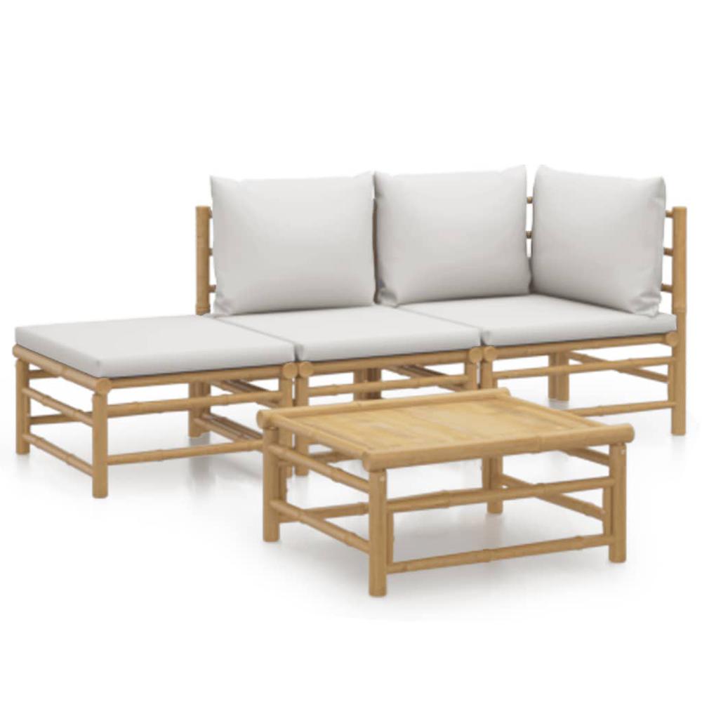 4 Piece Patio Lounge Set with Light Gray Cushions Bamboo. Picture 1