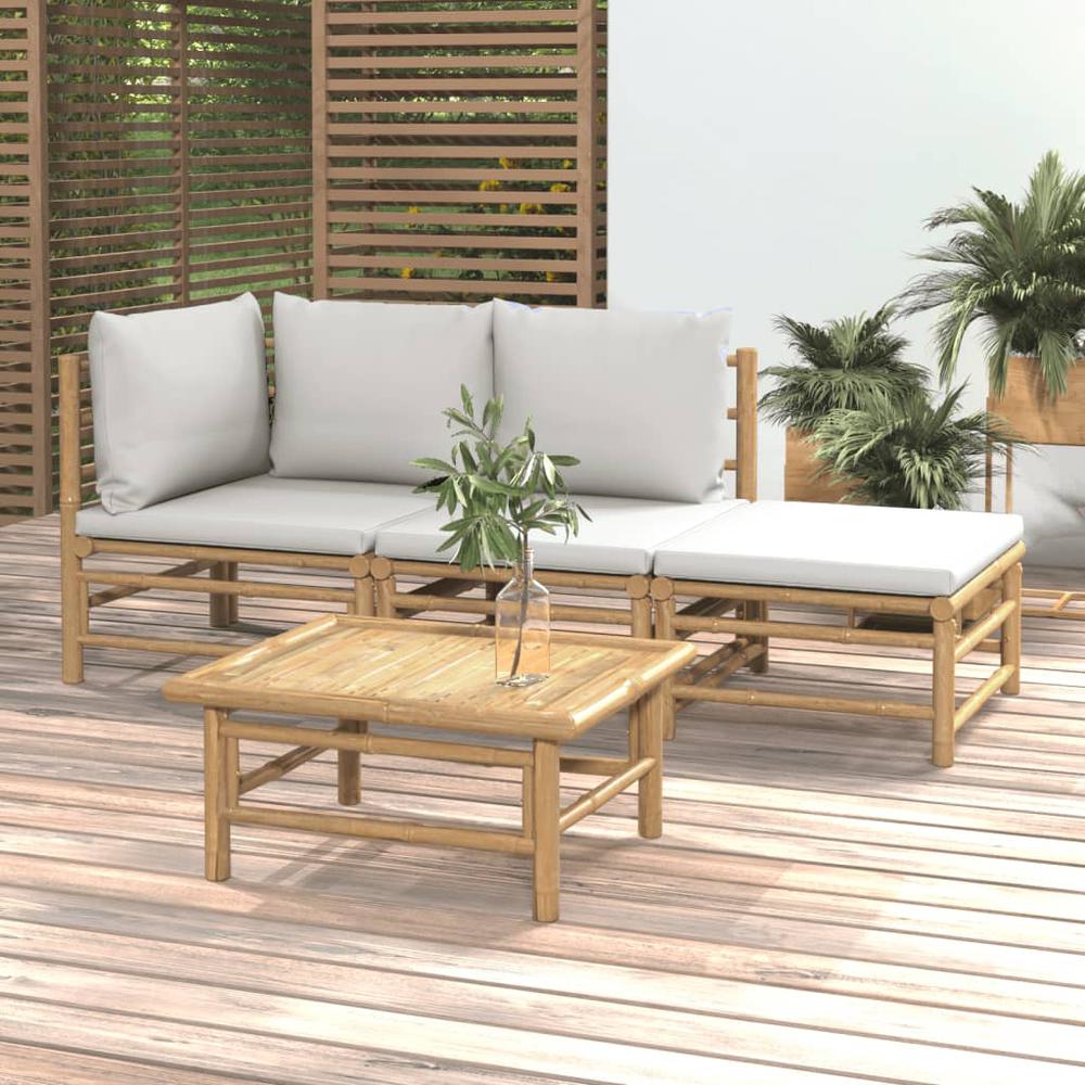 4 Piece Patio Lounge Set with Light Gray Cushions Bamboo. Picture 11