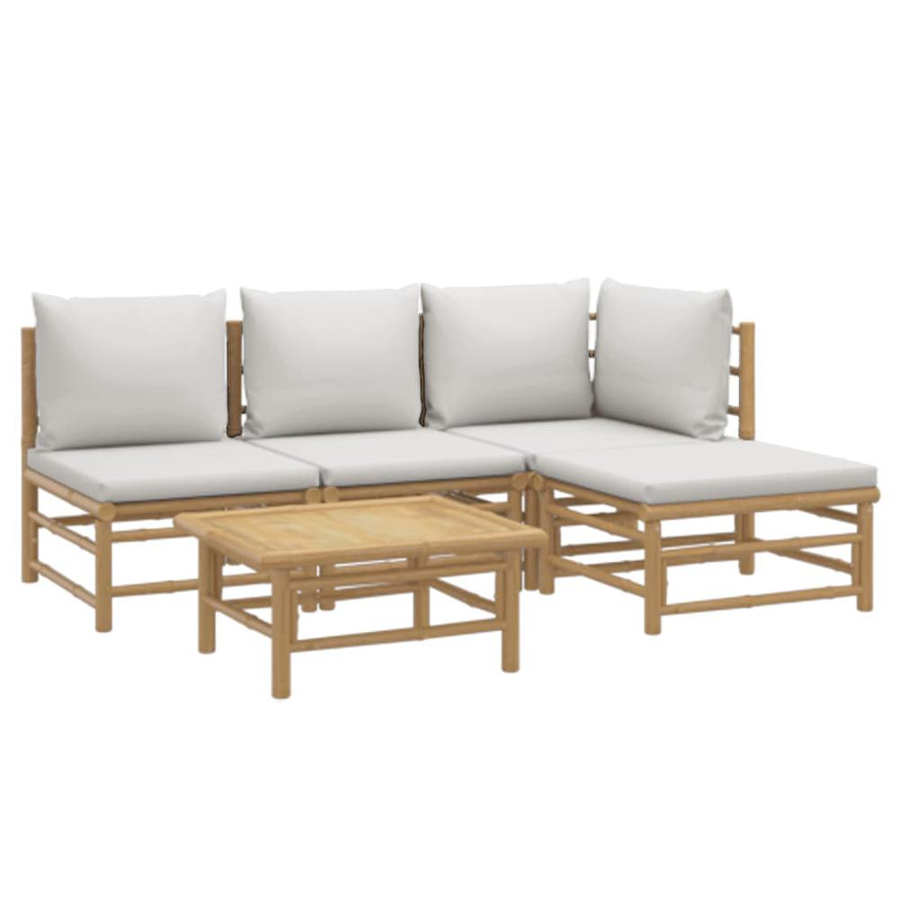 5 Piece Patio Lounge Set with Light Gray Cushions Bamboo. Picture 2