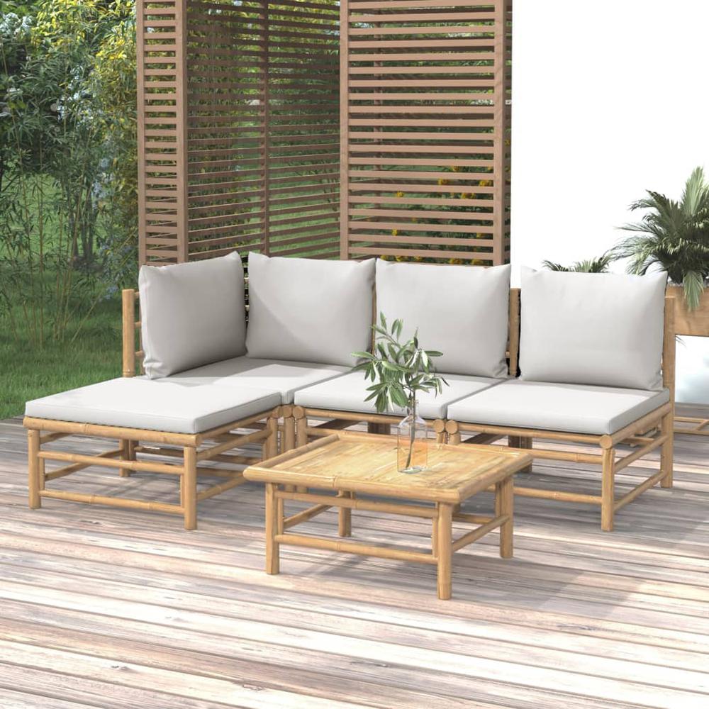 5 Piece Patio Lounge Set with Light Gray Cushions Bamboo. Picture 11