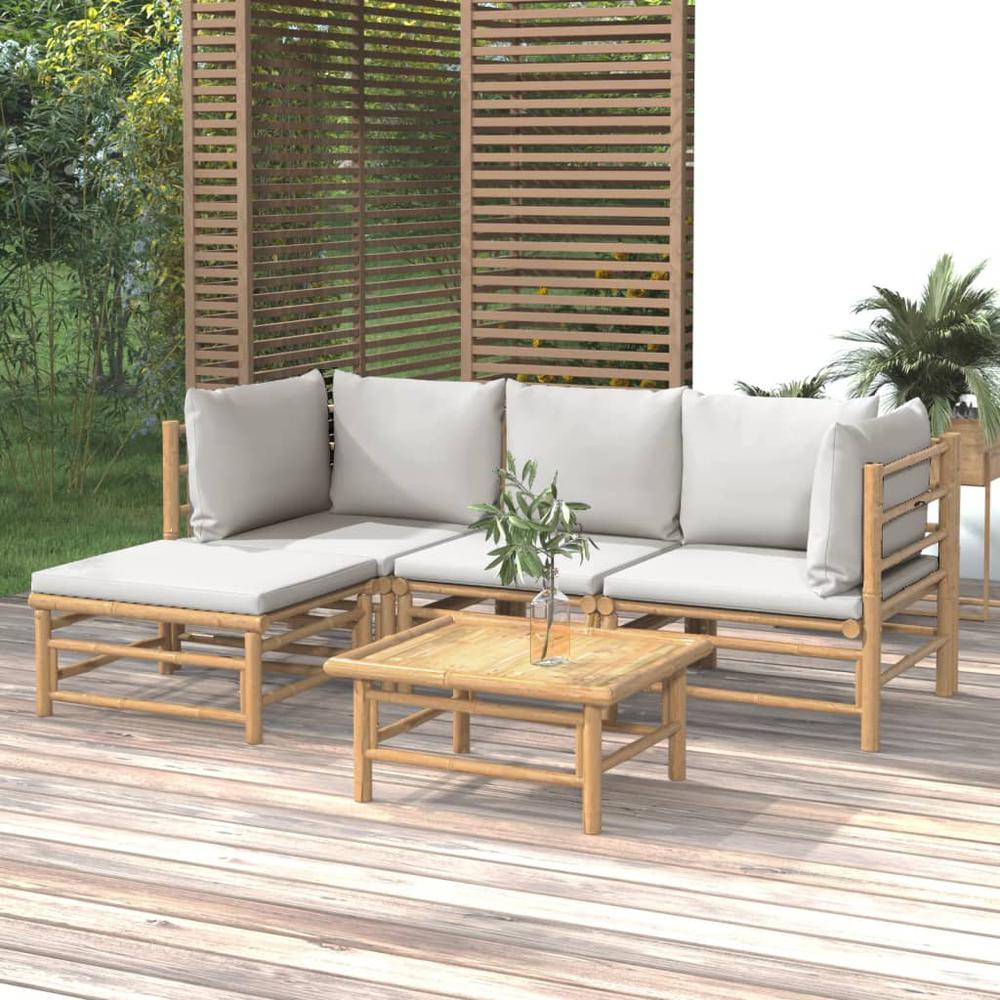 5 Piece Patio Lounge Set with Light Gray Cushions Bamboo. Picture 11