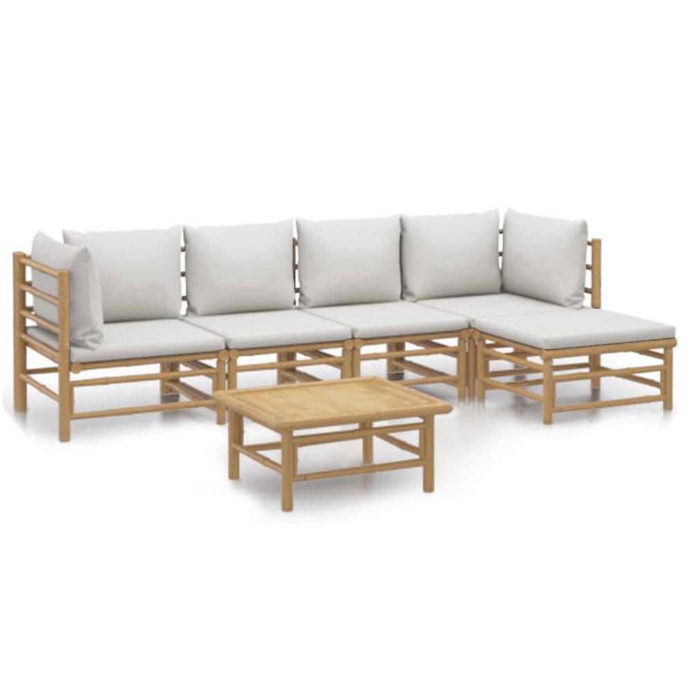 6 Piece Patio Lounge Set with Light Gray Cushions Bamboo. Picture 1