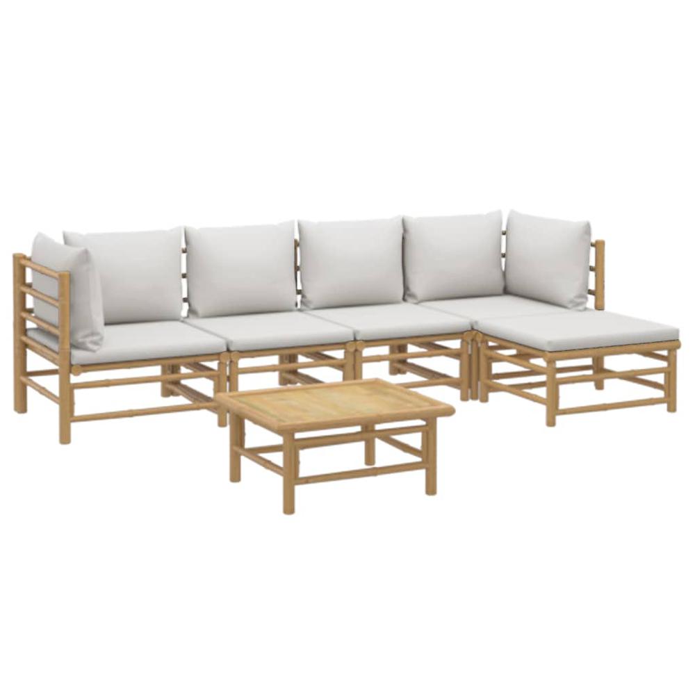 6 Piece Patio Lounge Set with Light Gray Cushions Bamboo. Picture 2