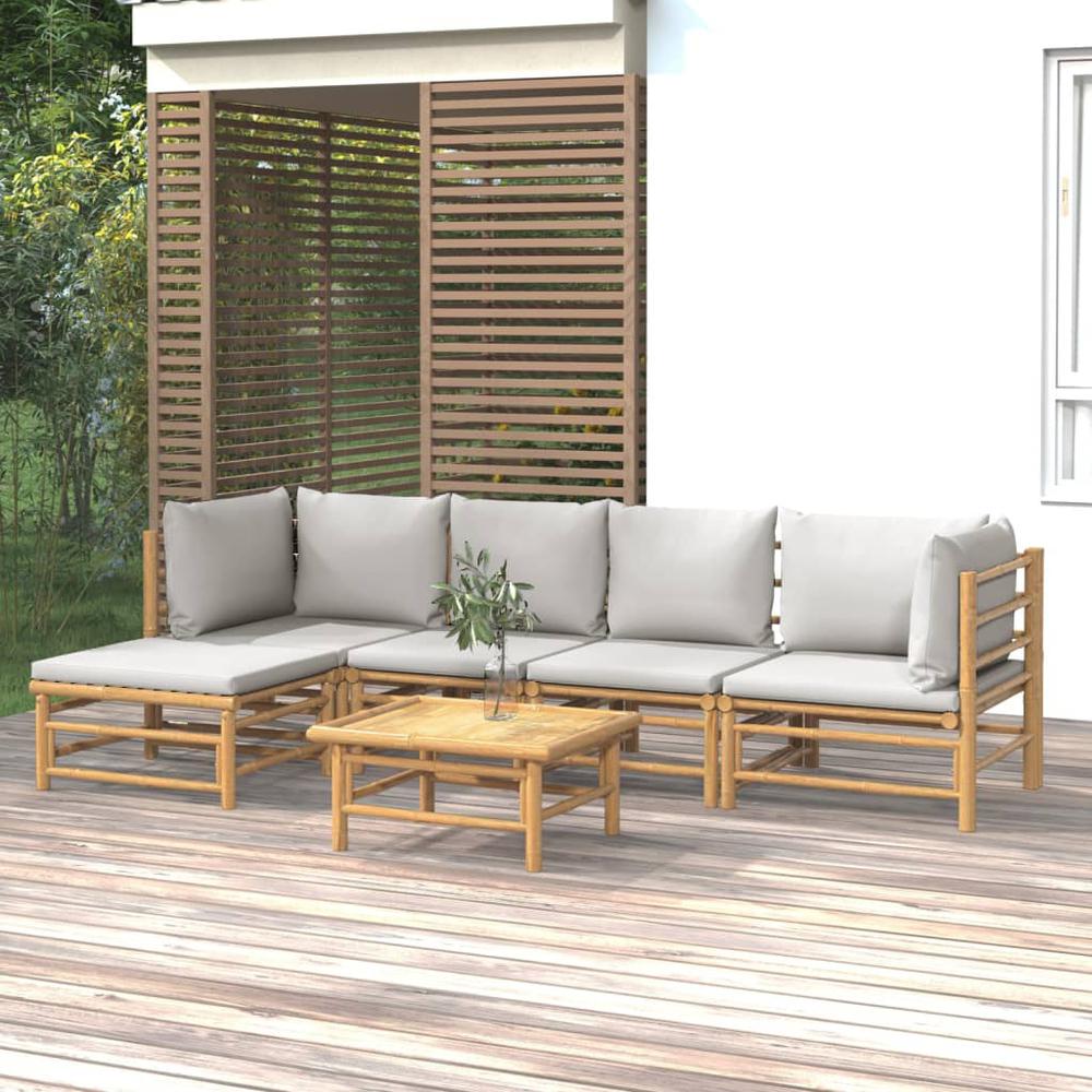 6 Piece Patio Lounge Set with Light Gray Cushions Bamboo. Picture 11