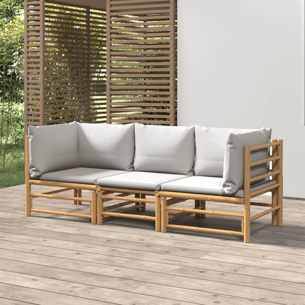 3 Piece Patio Lounge Set with Light Gray Cushions Bamboo. Picture 7