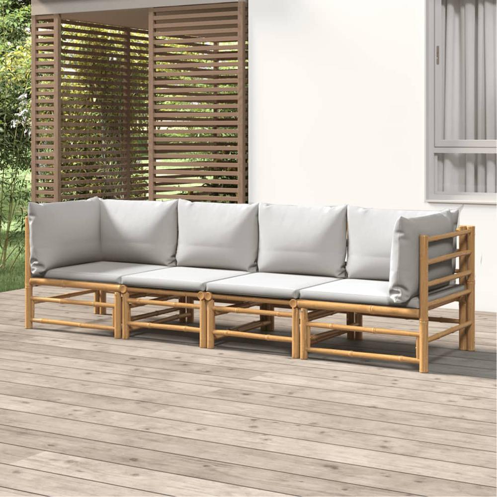 4 Piece Patio Lounge Set with Light Gray Cushions Bamboo. Picture 7