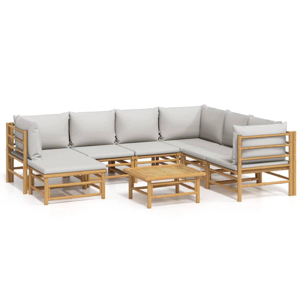 8 Piece Patio Lounge Set with Light Gray Cushions Bamboo. Picture 1