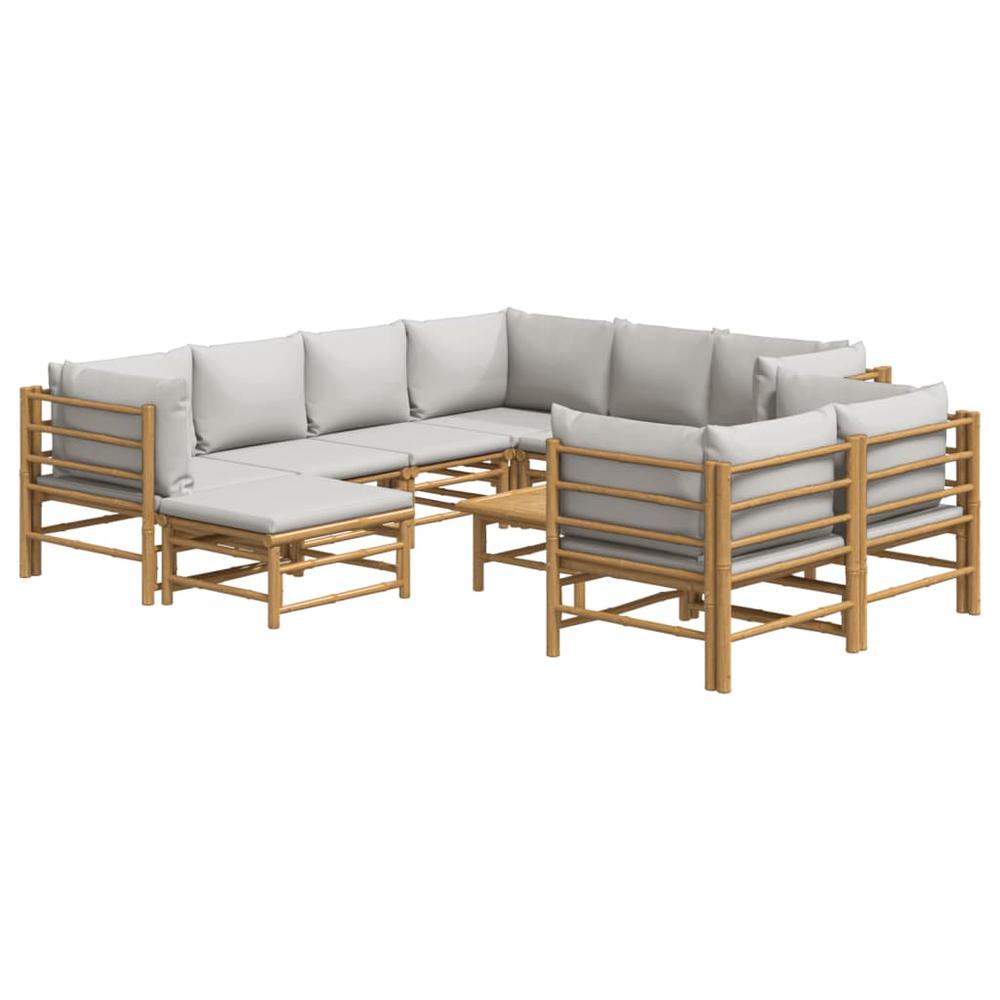 10 Piece Patio Lounge Set with Light Gray Cushions Bamboo. Picture 2
