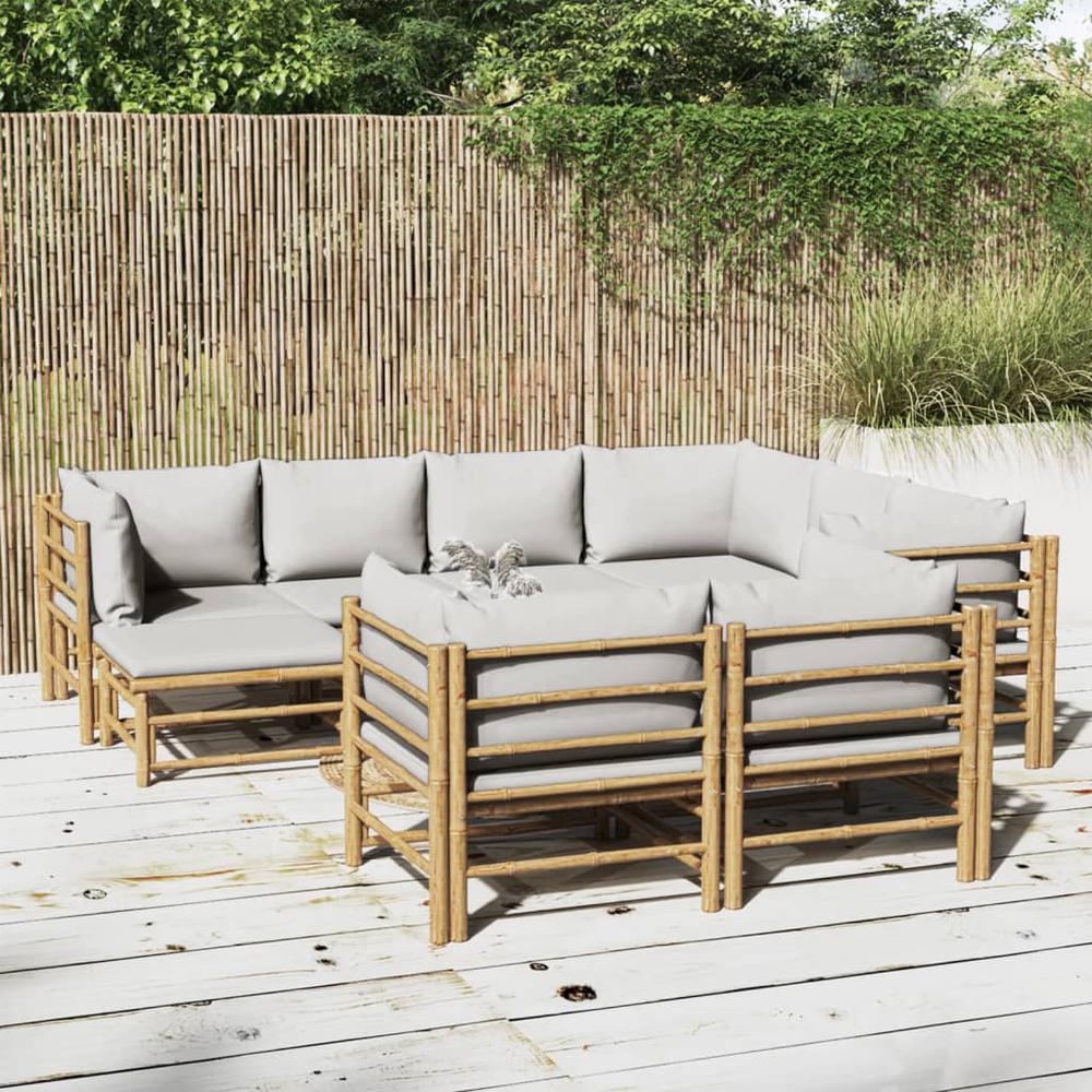 10 Piece Patio Lounge Set with Light Gray Cushions Bamboo. Picture 12