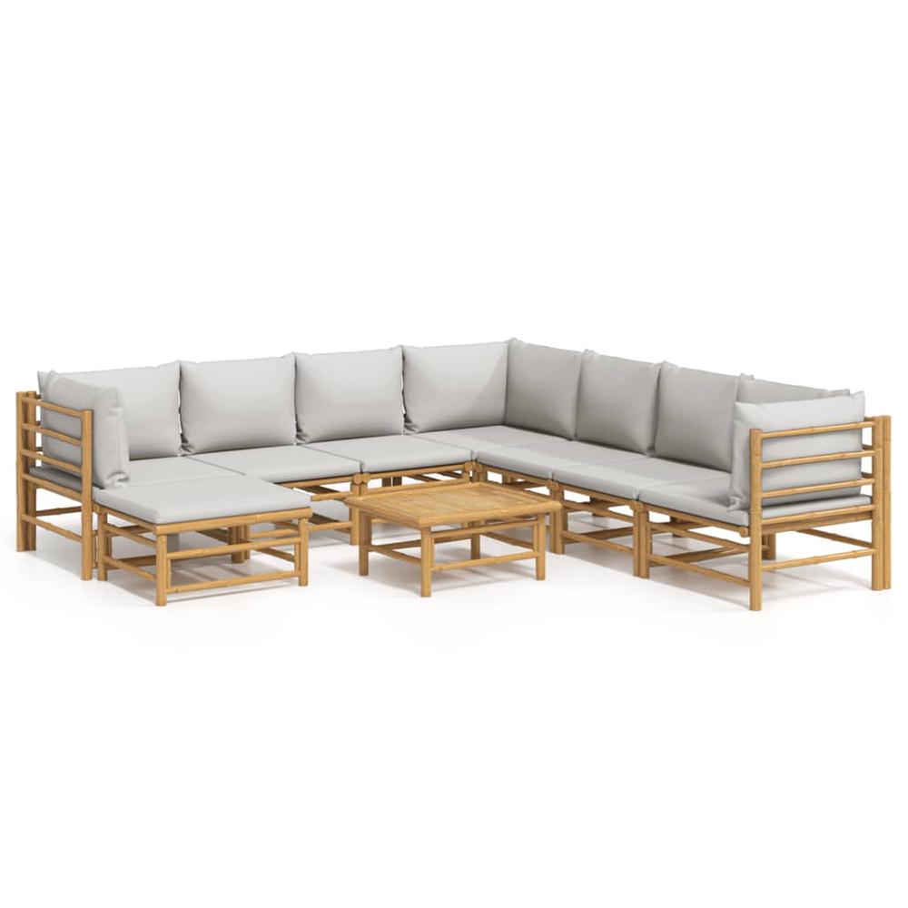 9 Piece Patio Lounge Set with Light Gray Cushions Bamboo. Picture 1