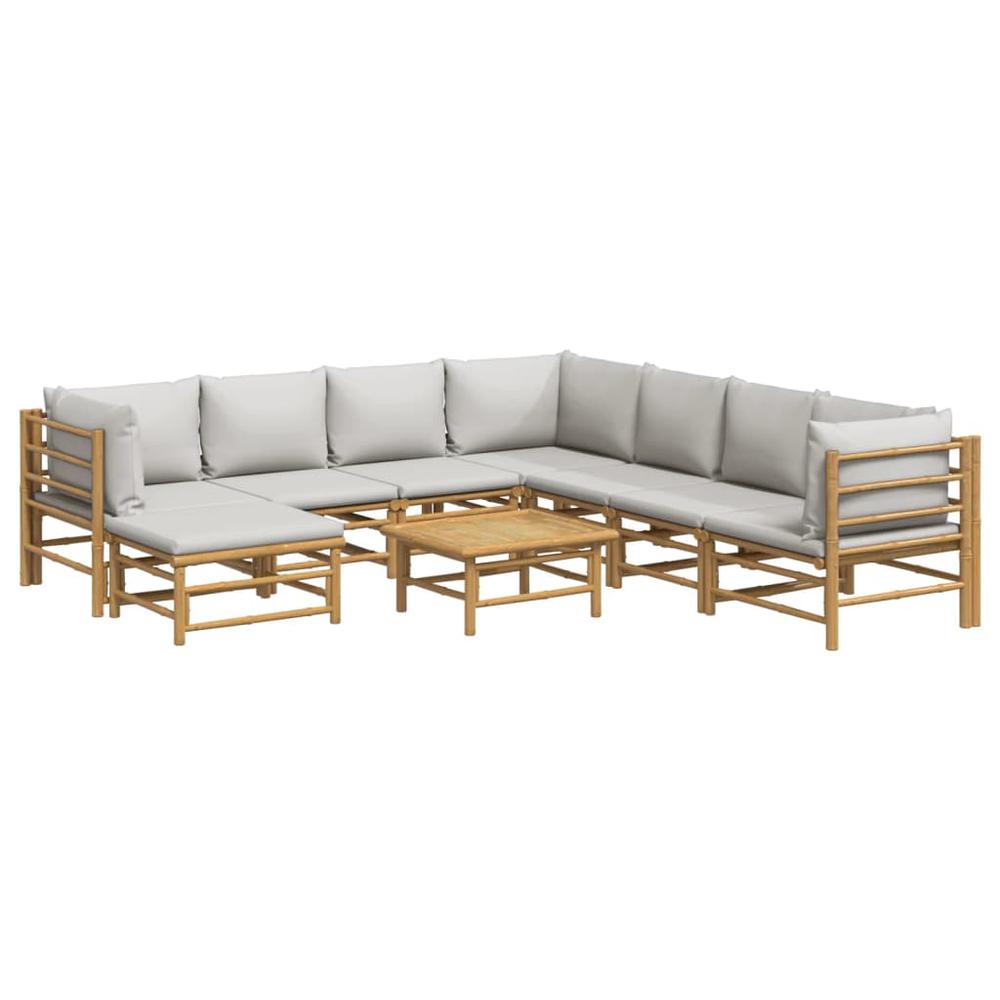 9 Piece Patio Lounge Set with Light Gray Cushions Bamboo. Picture 2