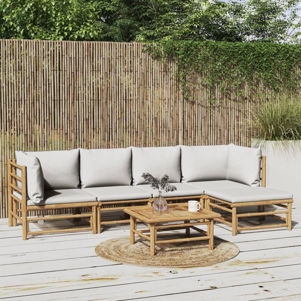 6 Piece Patio Lounge Set with Light Gray Cushions Bamboo. Picture 12