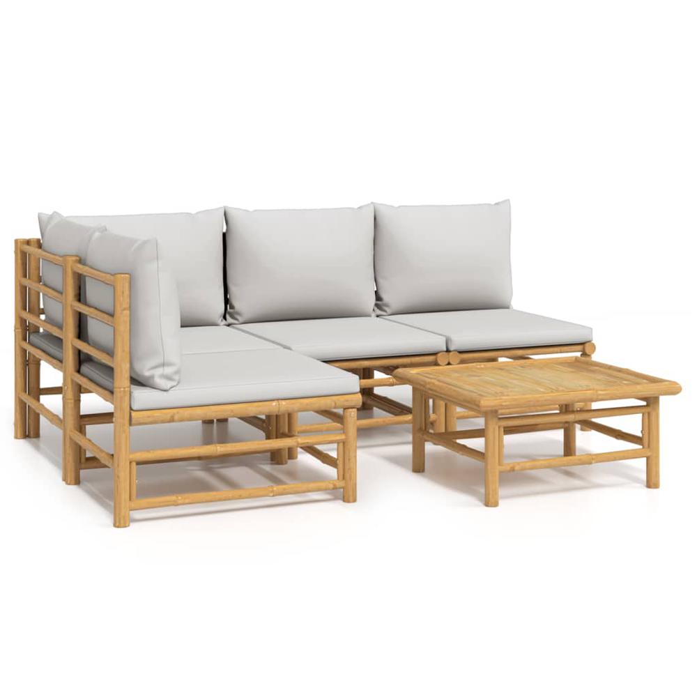 5 Piece Patio Lounge Set with Light Gray Cushions Bamboo. Picture 1