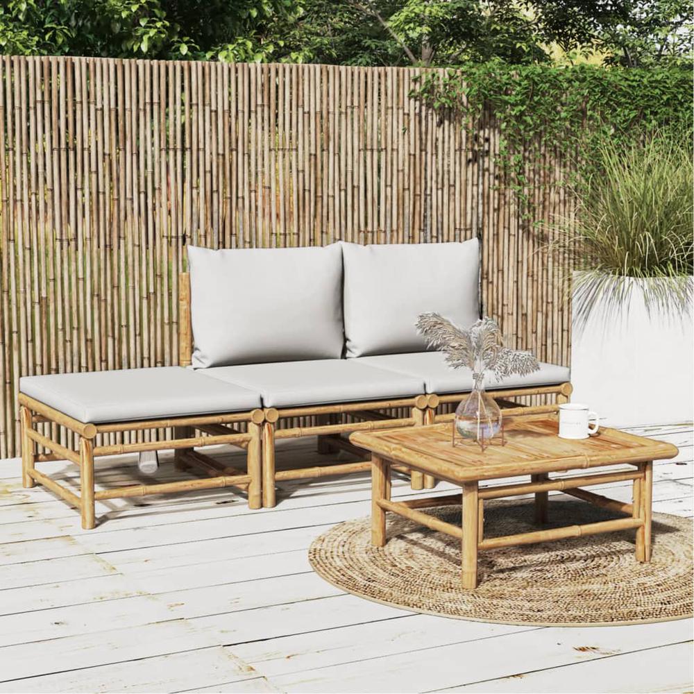 4 Piece Patio Lounge Set with Light Gray Cushions Bamboo. Picture 12