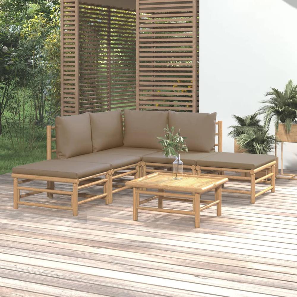 6 Piece Patio Lounge Set with Taupe Cushions Bamboo. Picture 11