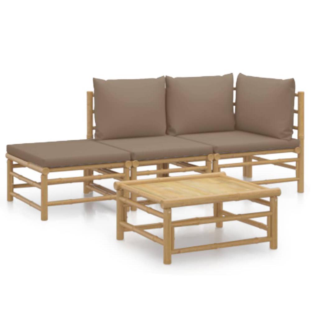 4 Piece Patio Lounge Set with Taupe Cushions Bamboo. Picture 1