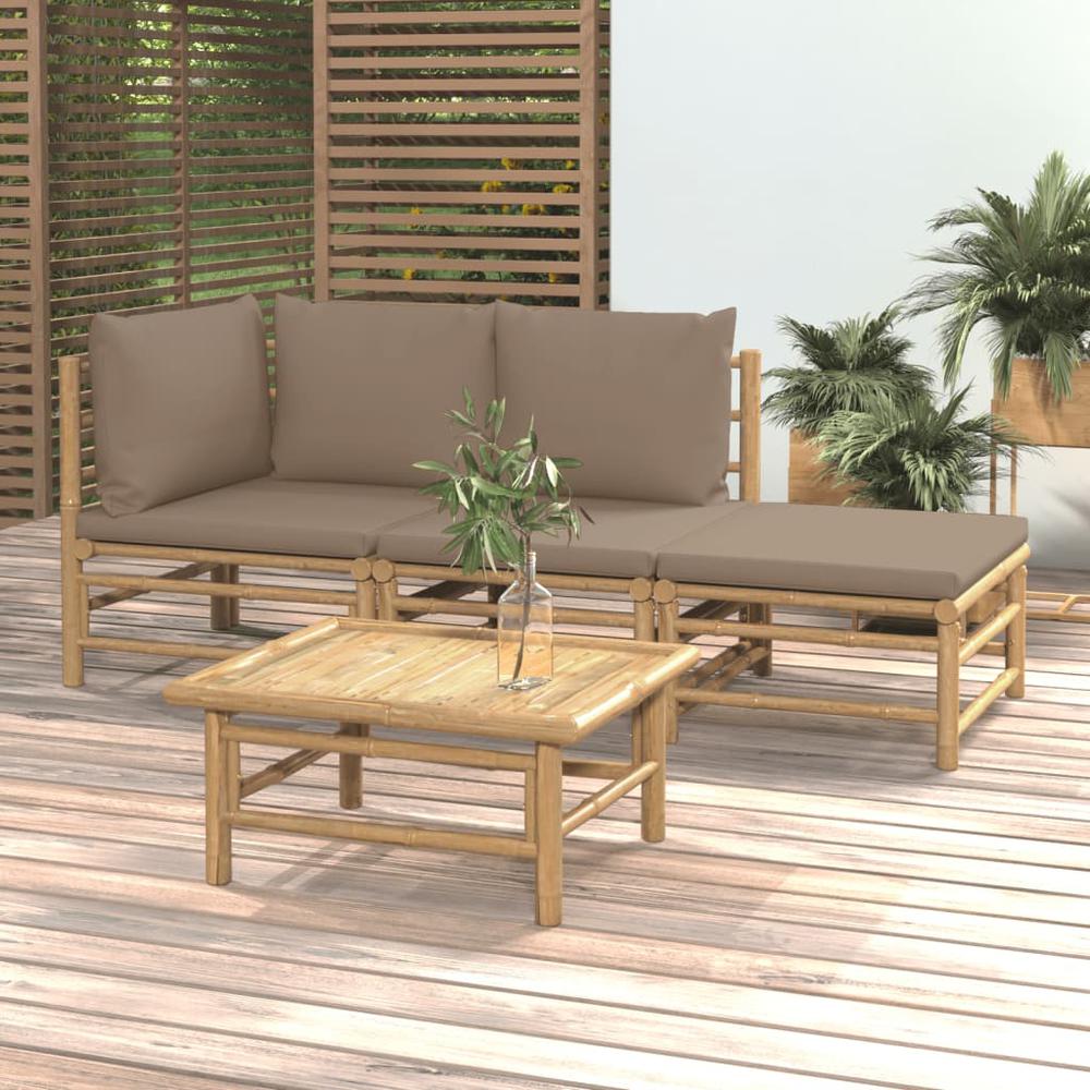 4 Piece Patio Lounge Set with Taupe Cushions Bamboo. Picture 11