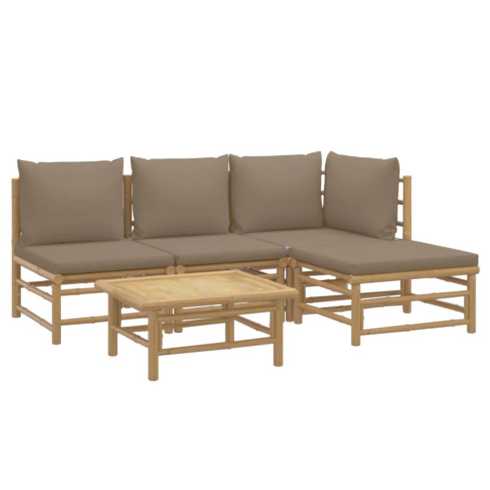 5 Piece Patio Lounge Set with Taupe Cushions Bamboo. Picture 2