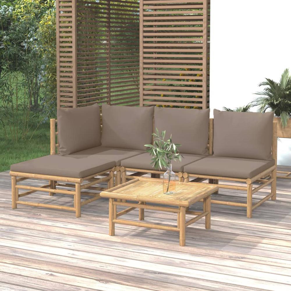 5 Piece Patio Lounge Set with Taupe Cushions Bamboo. Picture 11