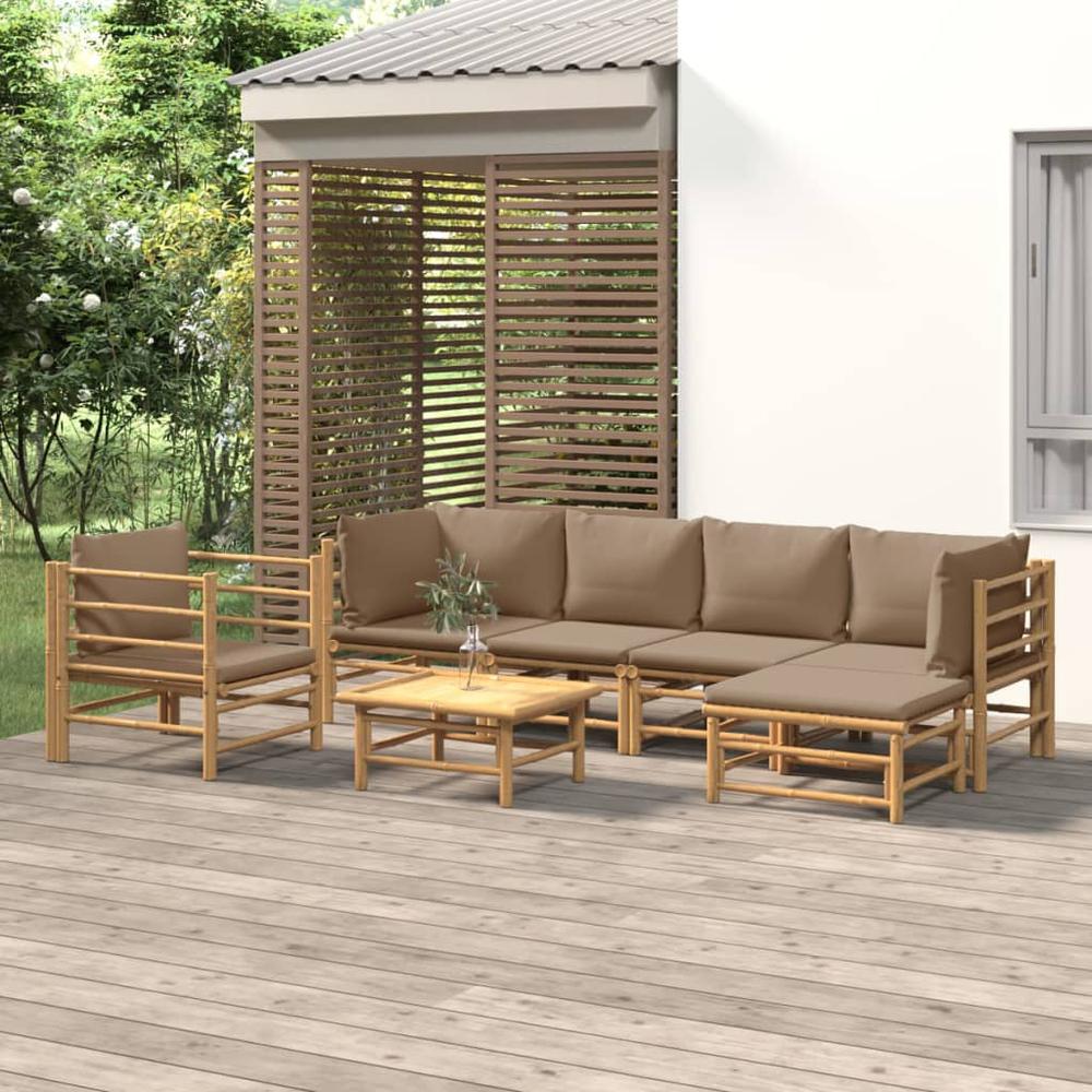 7 Piece Patio Lounge Set with Taupe Cushions Bamboo. Picture 12
