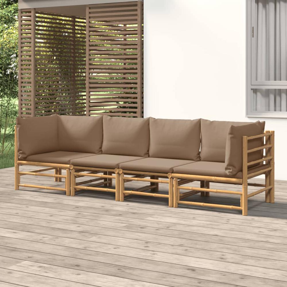 4 Piece Patio Lounge Set with Taupe Cushions Bamboo. Picture 7