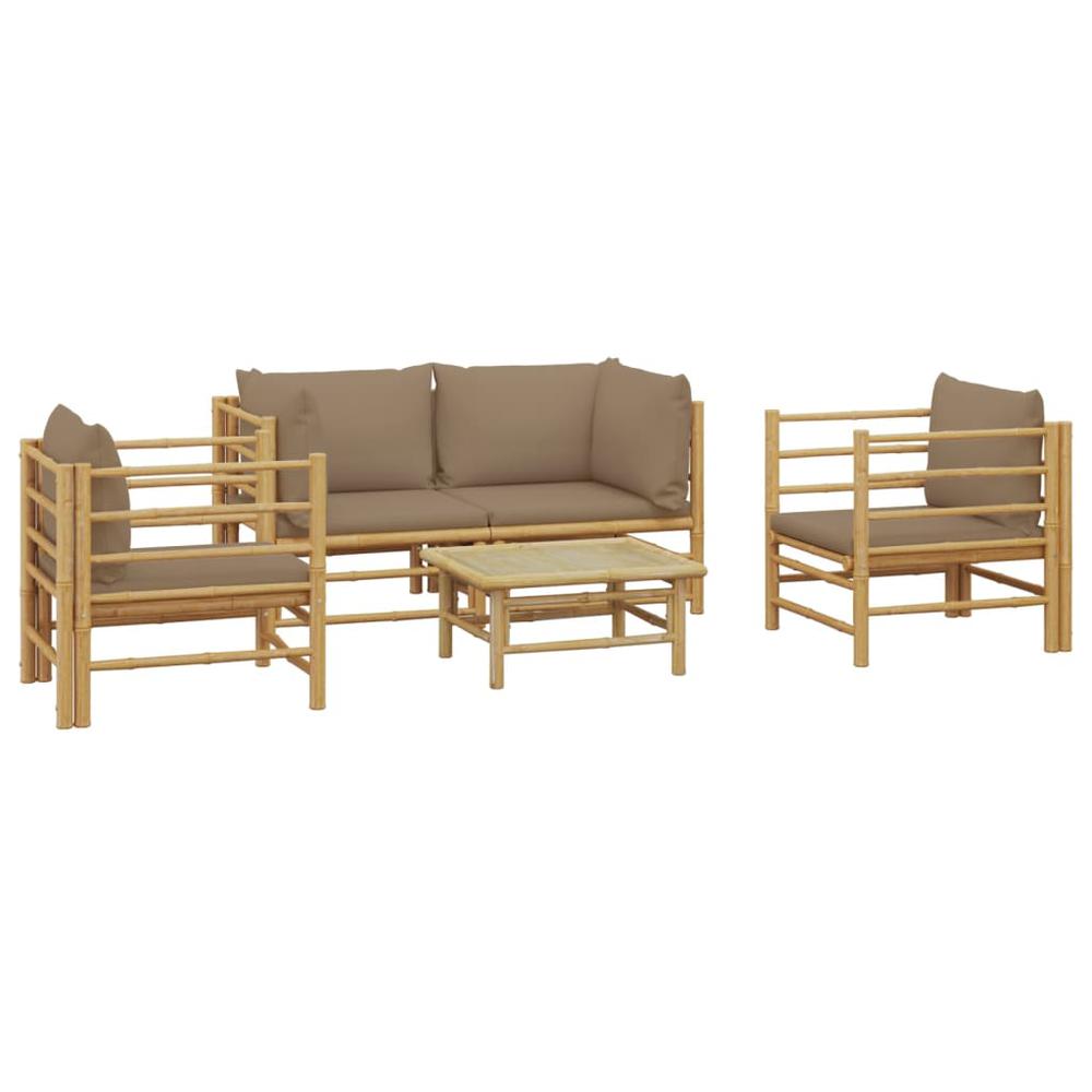 5 Piece Patio Lounge Set with Taupe Cushions Bamboo. Picture 2