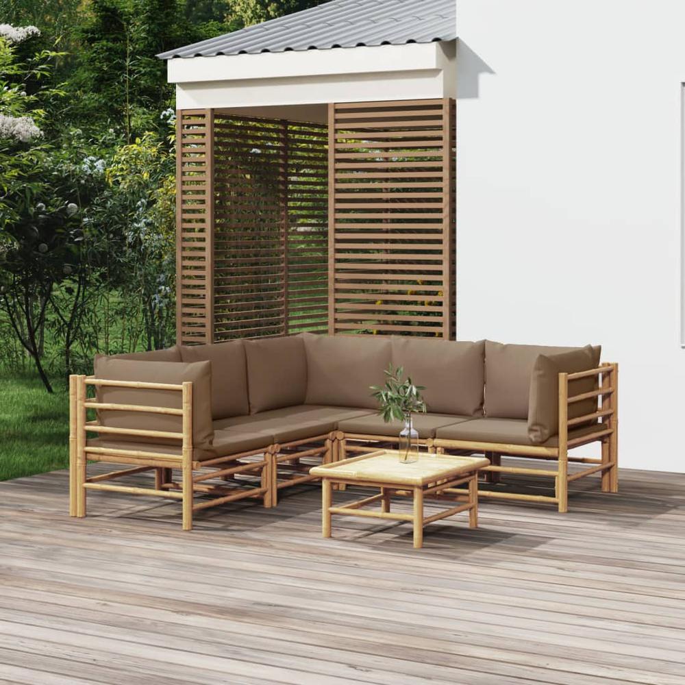 6 Piece Patio Lounge Set with Taupe Cushions Bamboo. Picture 9