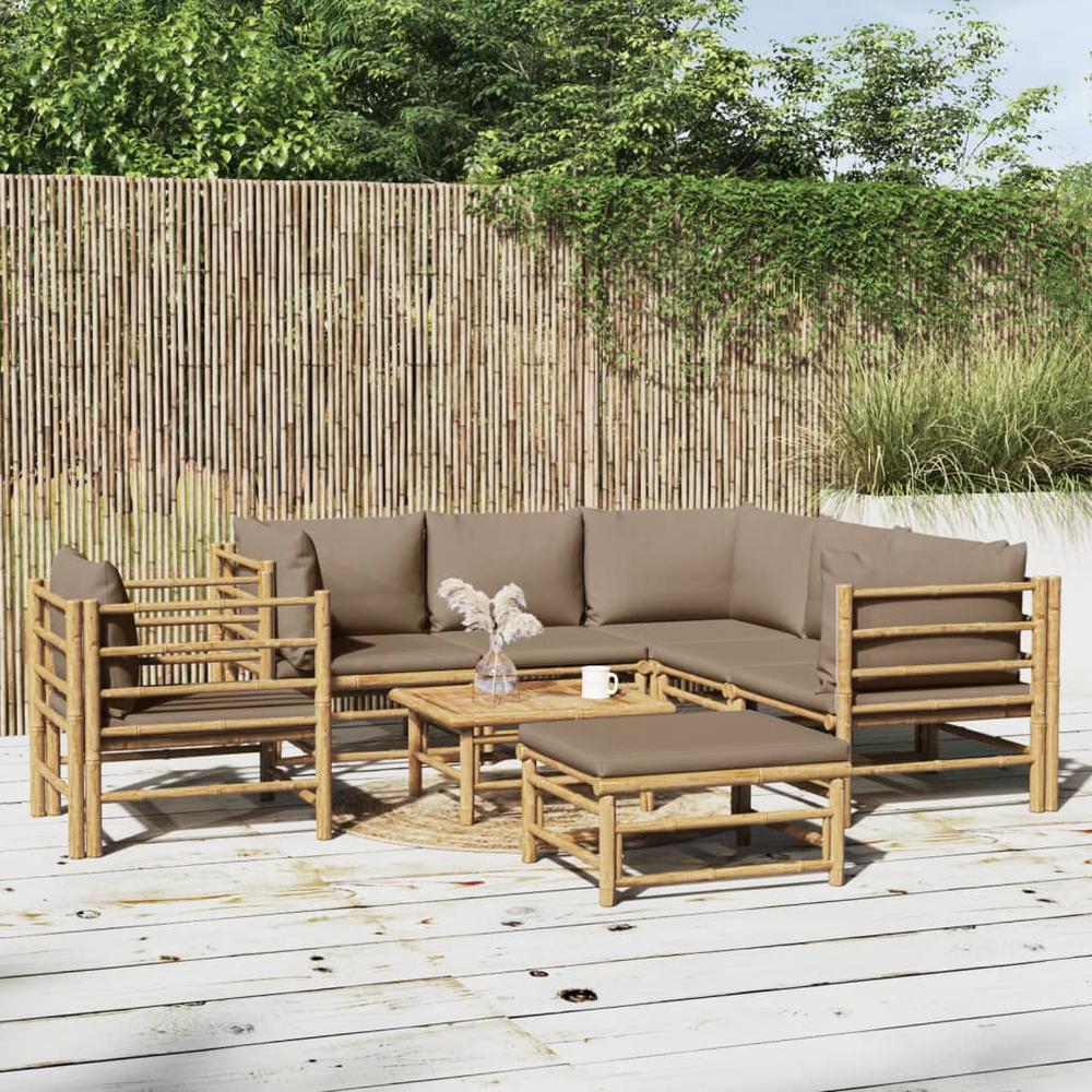 8 Piece Patio Lounge Set with Taupe Cushions Bamboo. Picture 12