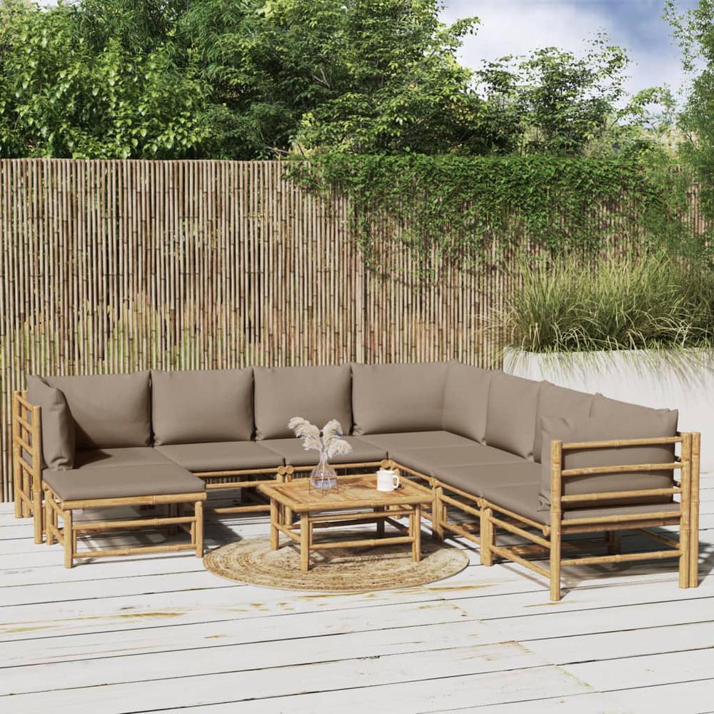 9 Piece Patio Lounge Set with Taupe Cushions Bamboo. Picture 11