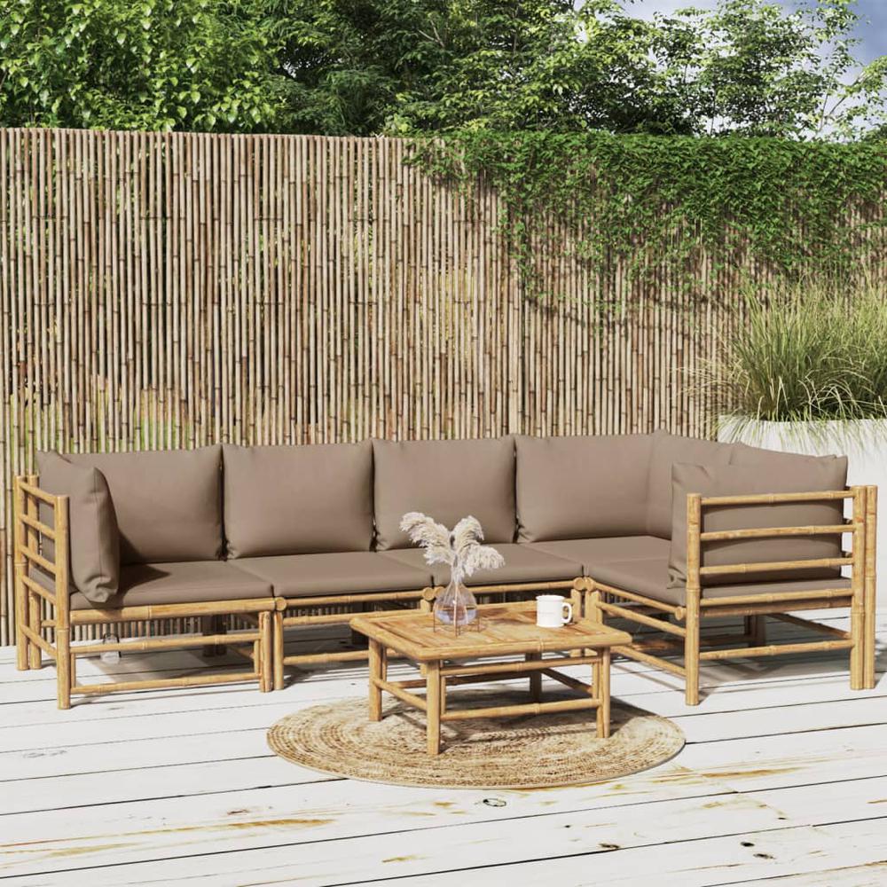 6 Piece Patio Lounge Set with Taupe Cushions Bamboo. Picture 9