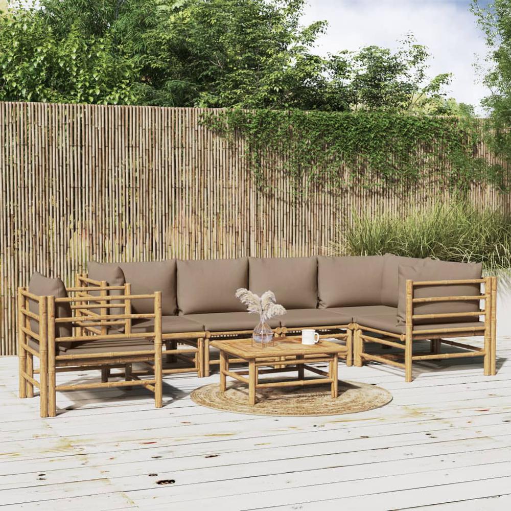7 Piece Patio Lounge Set with Taupe Cushions Bamboo. Picture 11