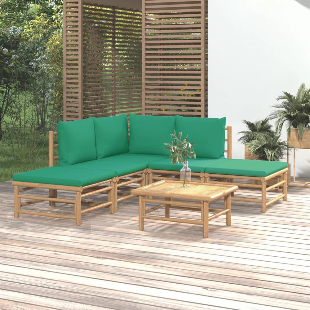 6 Piece Patio Lounge Set with Green Cushions Bamboo. Picture 11
