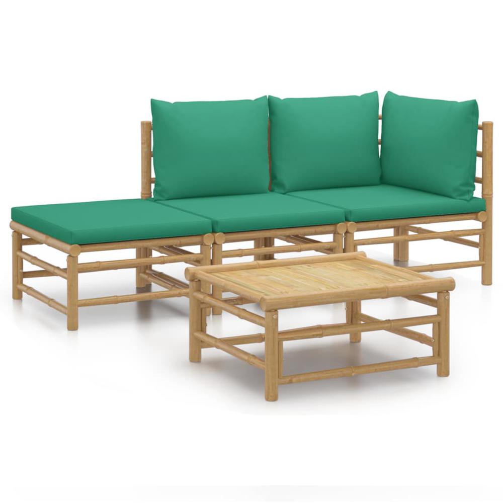 4 Piece Patio Lounge Set with Green Cushions Bamboo. Picture 1