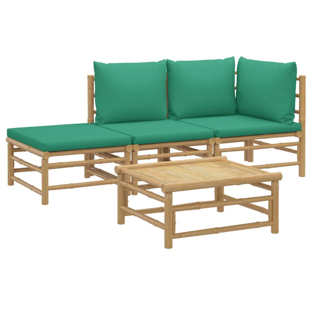 4 Piece Patio Lounge Set with Green Cushions Bamboo. Picture 2