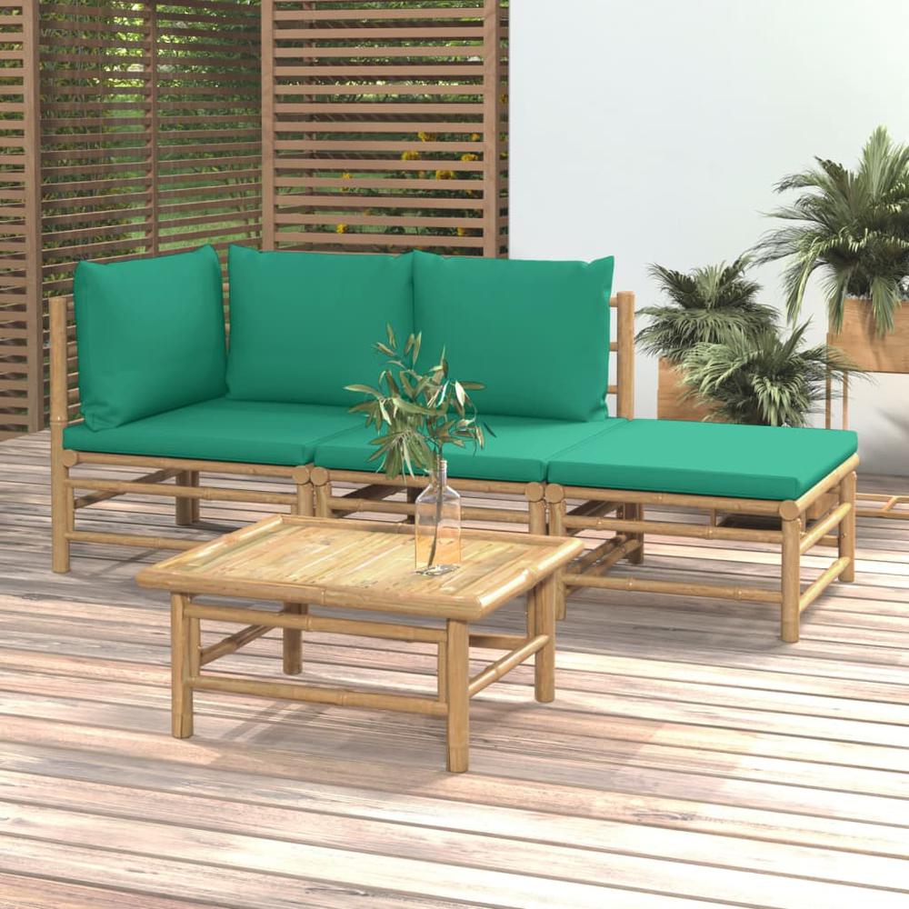 4 Piece Patio Lounge Set with Green Cushions Bamboo. Picture 11