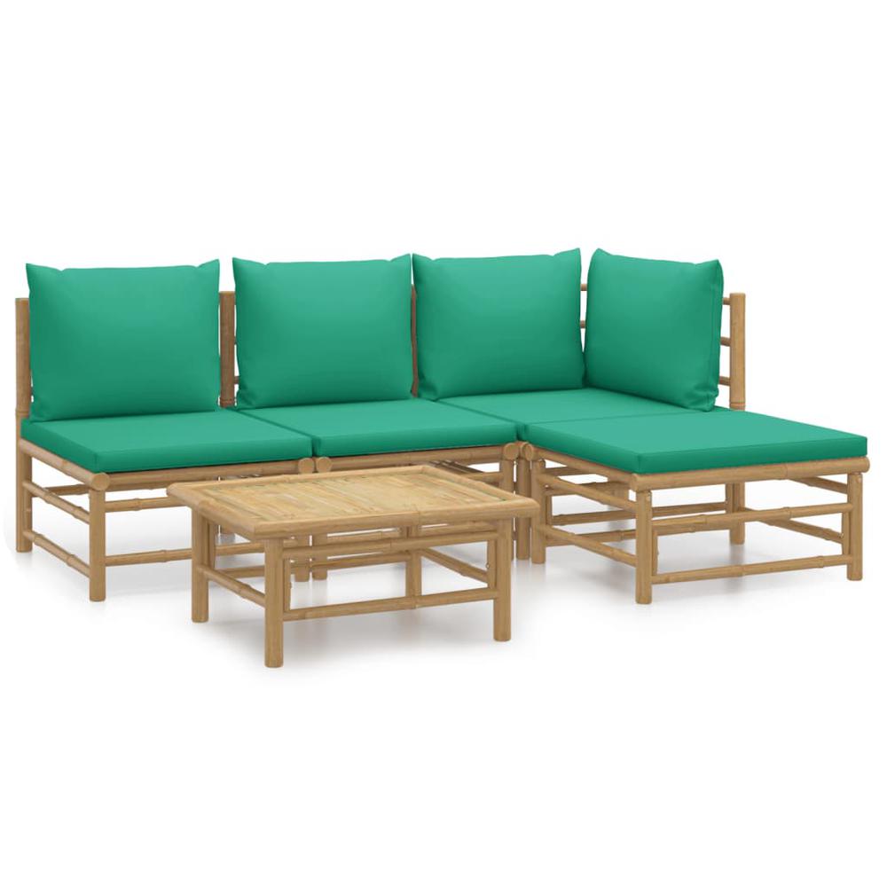 5 Piece Patio Lounge Set with Green Cushions Bamboo. Picture 1