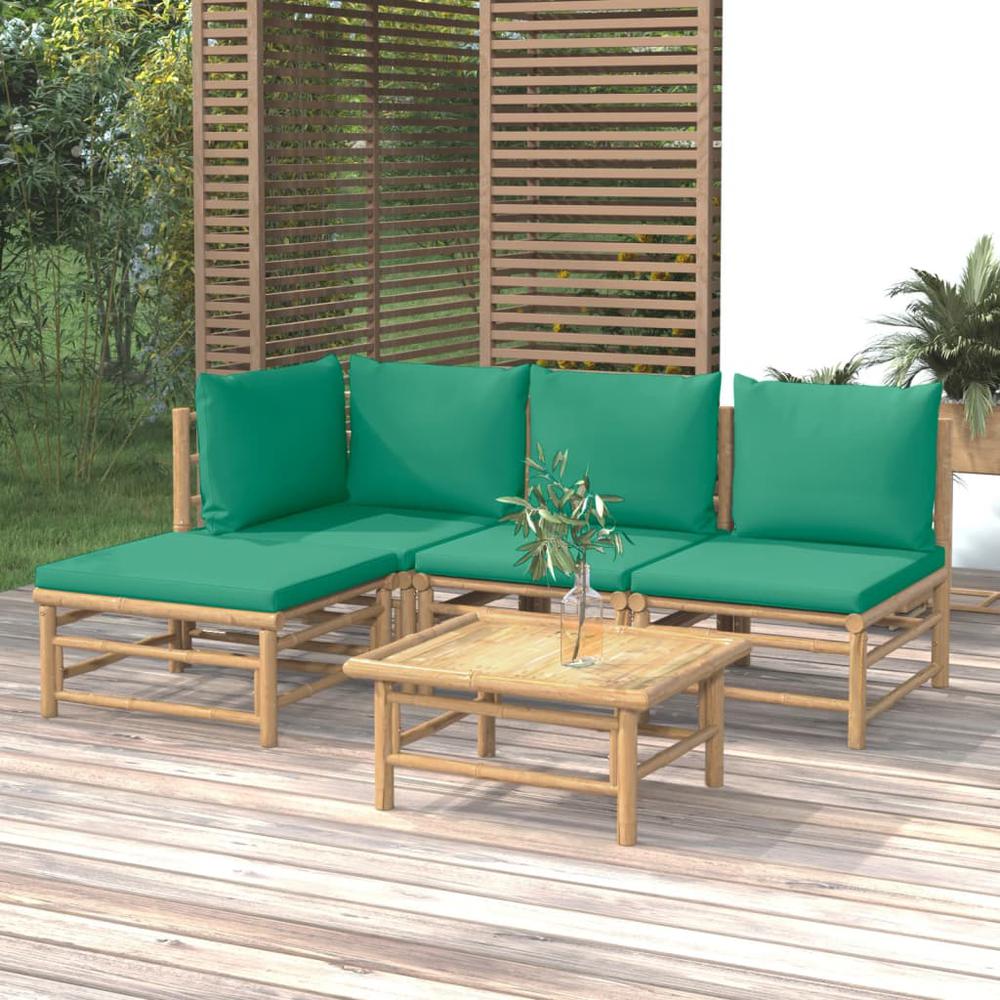 5 Piece Patio Lounge Set with Green Cushions Bamboo. Picture 11