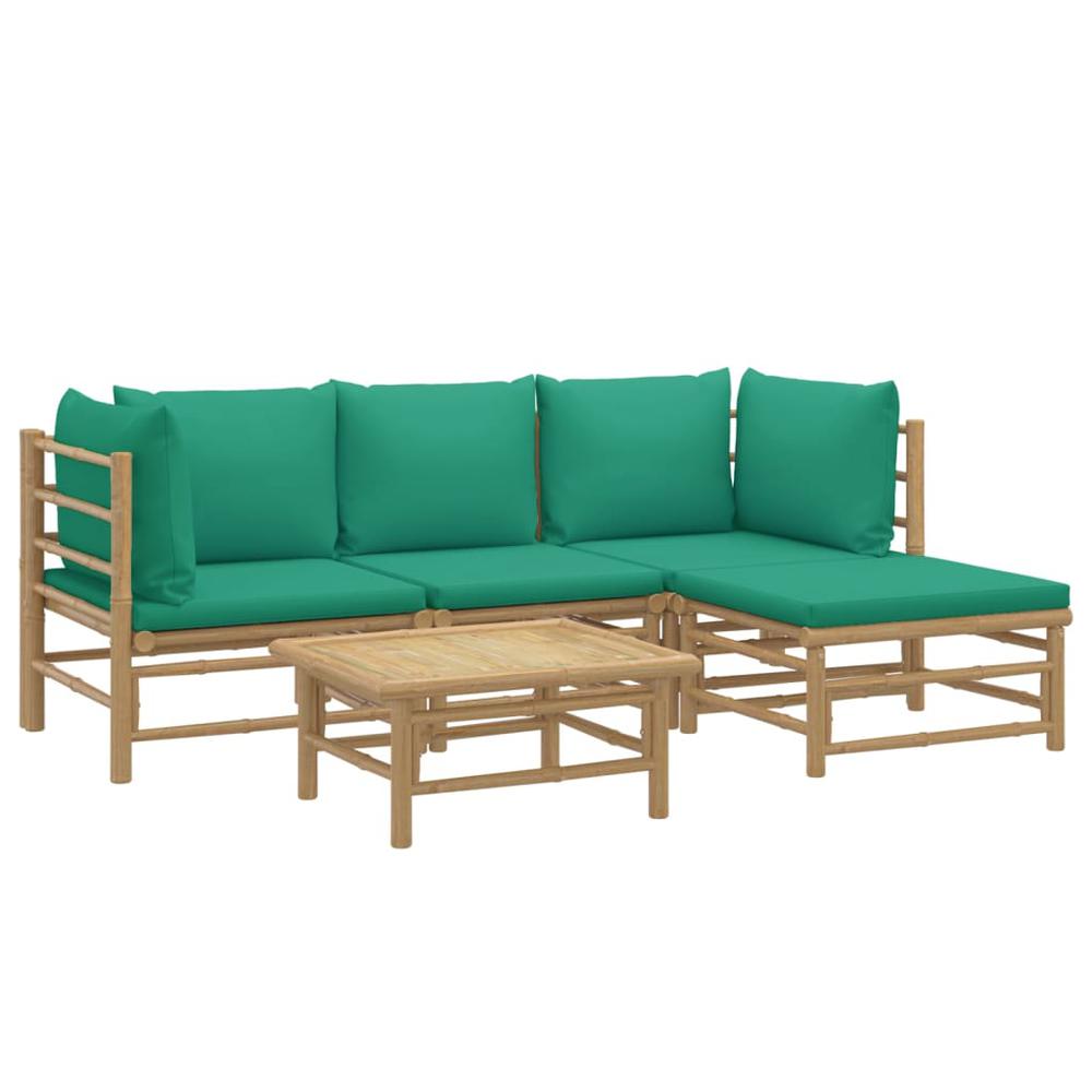 5 Piece Patio Lounge Set with Green Cushions Bamboo. Picture 2