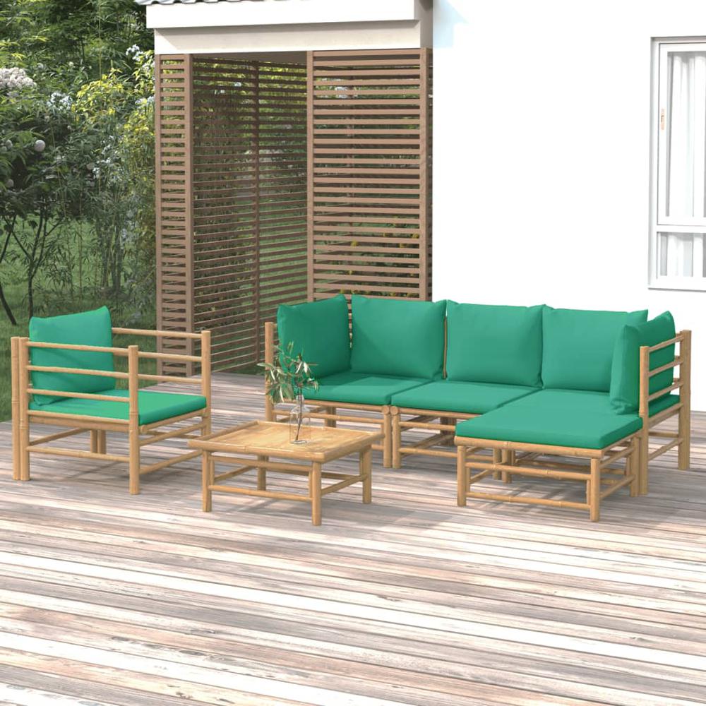 6 Piece Patio Lounge Set with Green Cushions Bamboo. Picture 12