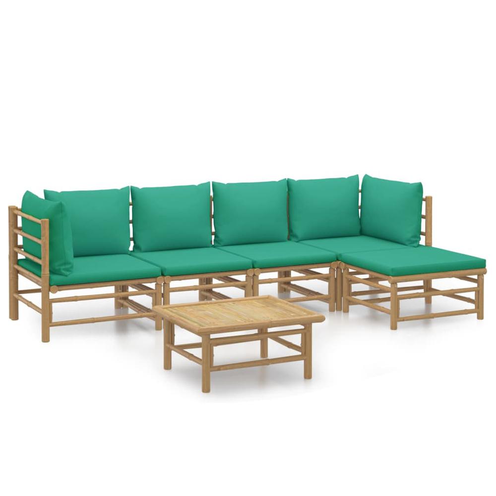 6 Piece Patio Lounge Set with Green Cushions Bamboo. Picture 1