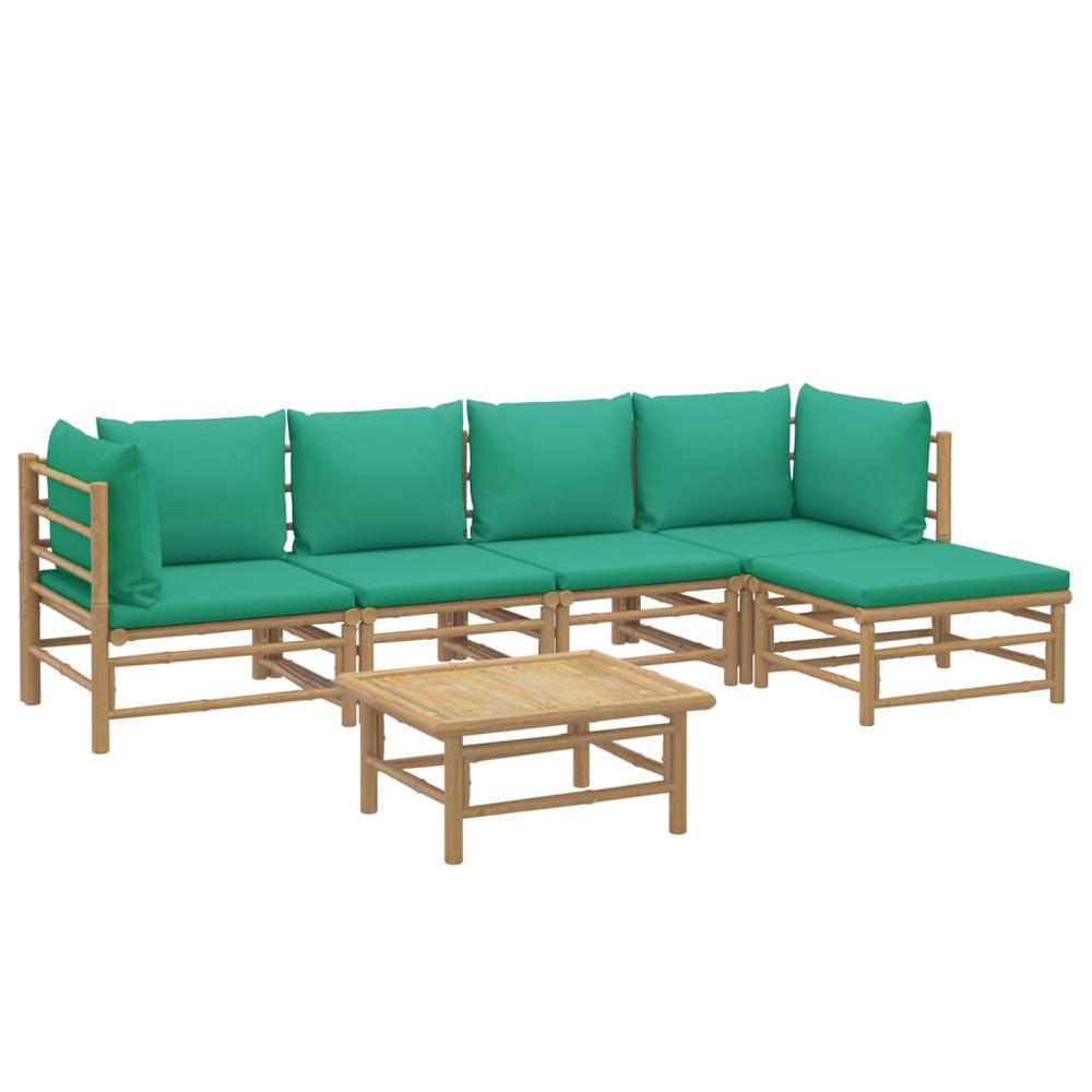 6 Piece Patio Lounge Set with Green Cushions Bamboo. Picture 2
