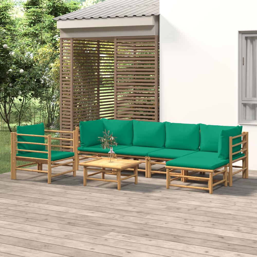 7 Piece Patio Lounge Set with Green Cushions Bamboo. Picture 12
